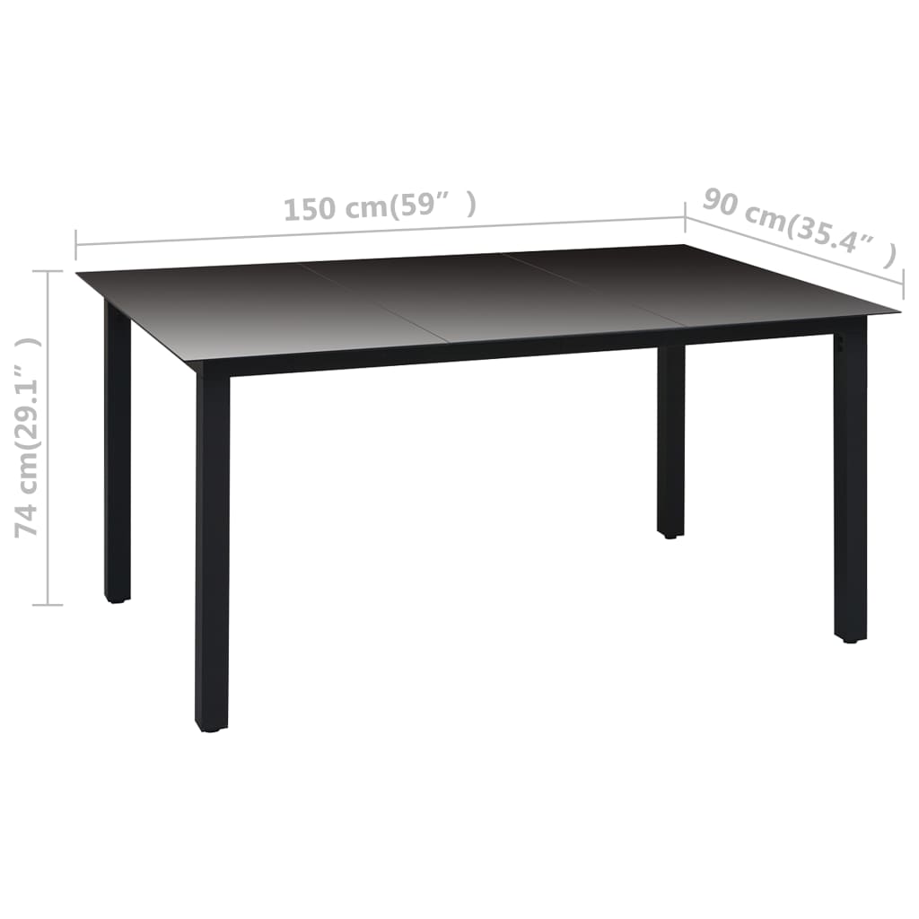 Rectangular black garden dining table with dimensions; ideal for outdoor spaces, patios, and terraces.