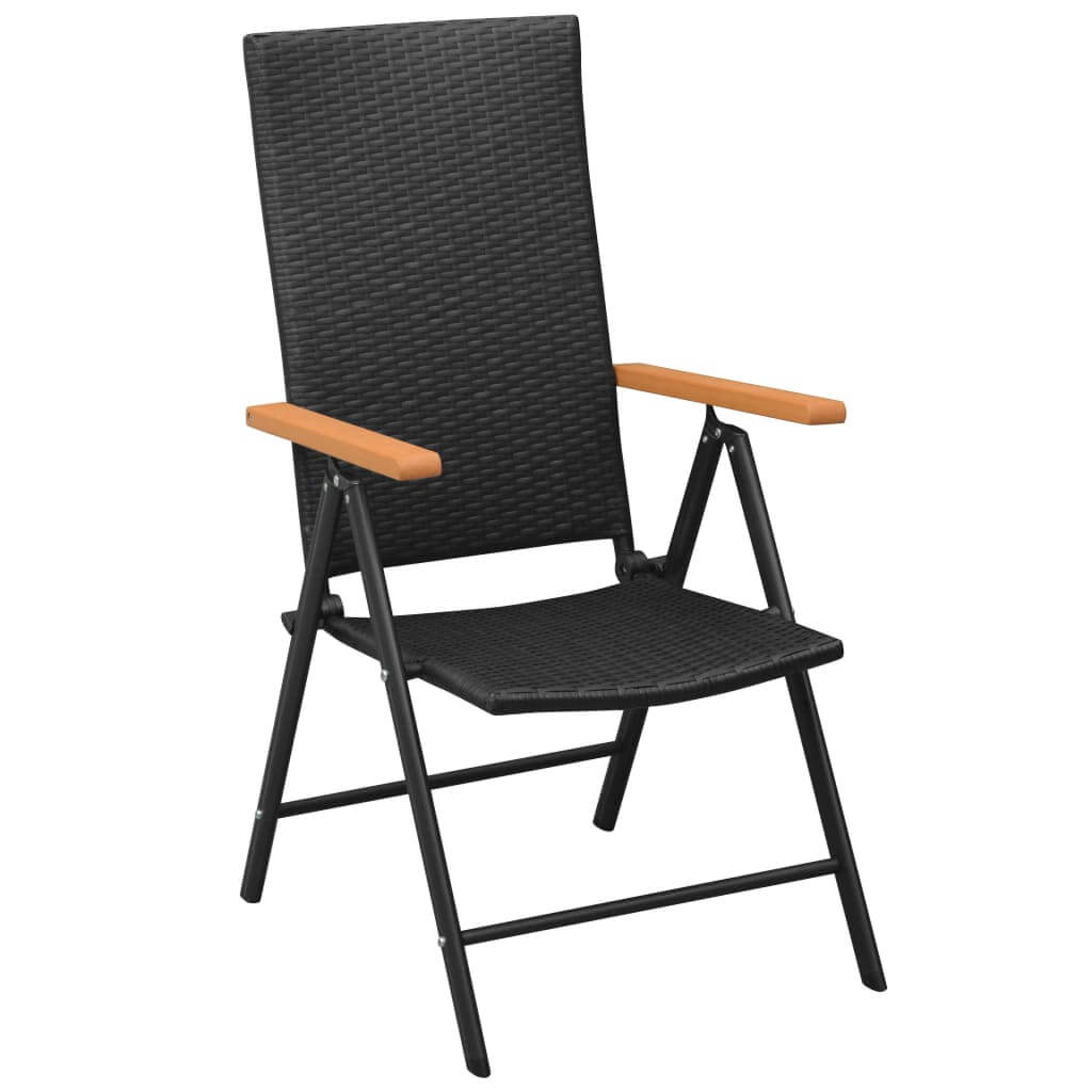 Black rattan garden chair with brown WPC armrests, ideal for outdoor furniture and patios.