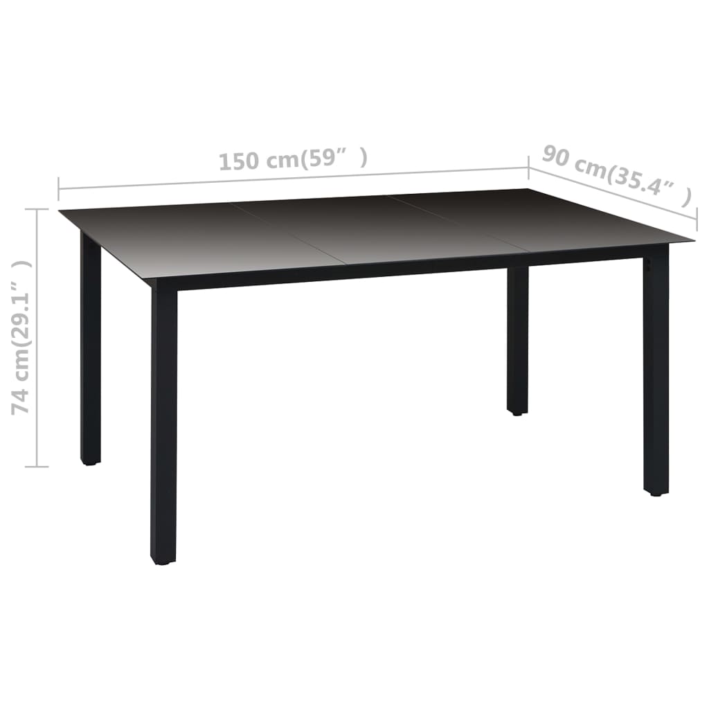 Black garden dining table with dimensions, perfect for outdoor use and easy to clean.