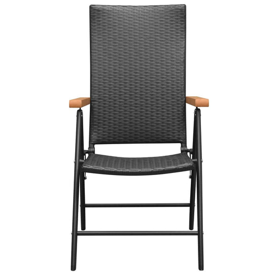 Weather-resistant garden chair with black PE rattan and brown WPC armrests for outdoor dining.