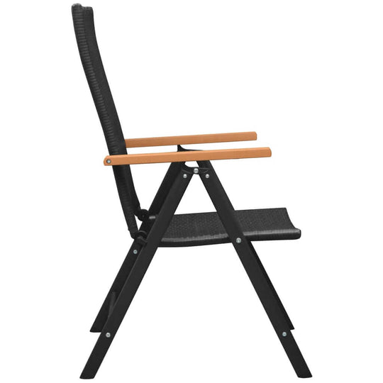 Side view of a stylish black PE rattan garden chair with brown WPC armrests, featuring a sturdy aluminum frame.