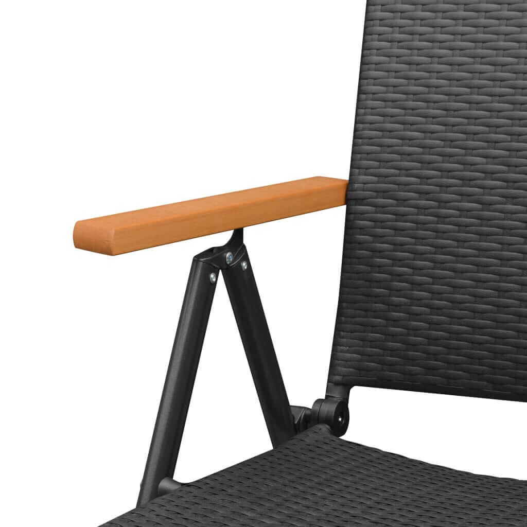 Close-up of a garden chair featuring a black PE rattan seat and stylish brown WPC armrest.