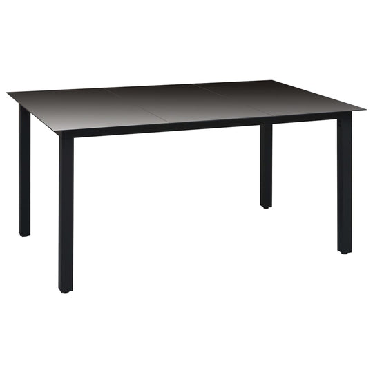 Black outdoor dining table with a sleek glass top, perfect for garden or patio use. Durable and easy to clean.