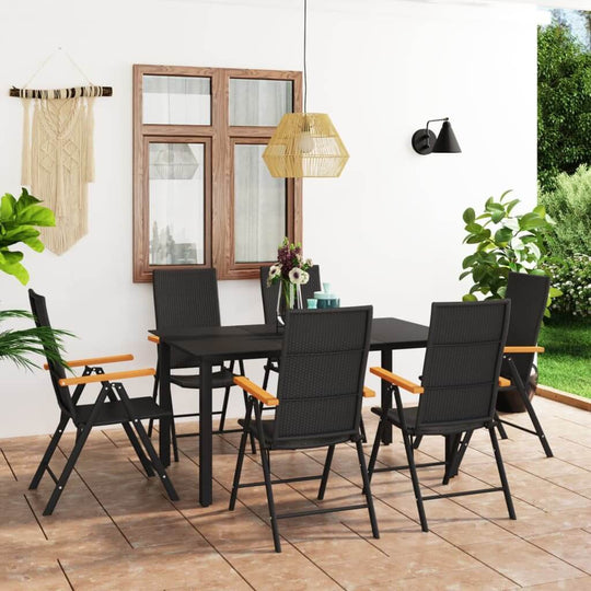 7 Piece garden dining set featuring black rattan chairs with brown WPC armrests and a glass-top table in a stylish outdoor setting.