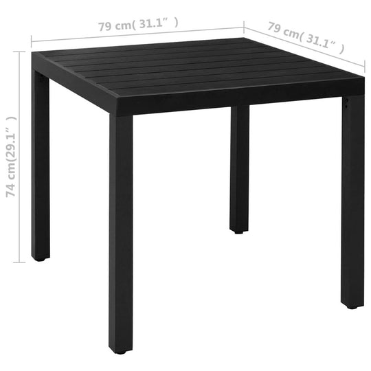 Black garden dining table with WPC tabletop, 79 cm square, 74 cm height, durable for outdoor use.