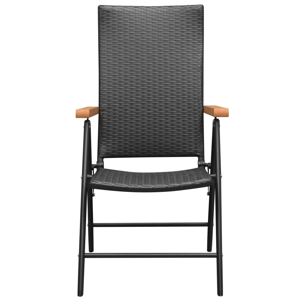 Black rattan garden dining chair with brown WPC armrests, perfect for outdoor use on patio or terrace.