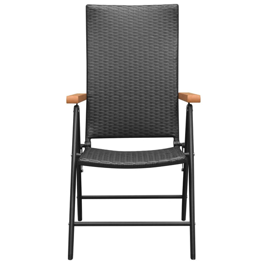 Black rattan garden dining chair with brown WPC armrests, perfect for outdoor use on patio or terrace.