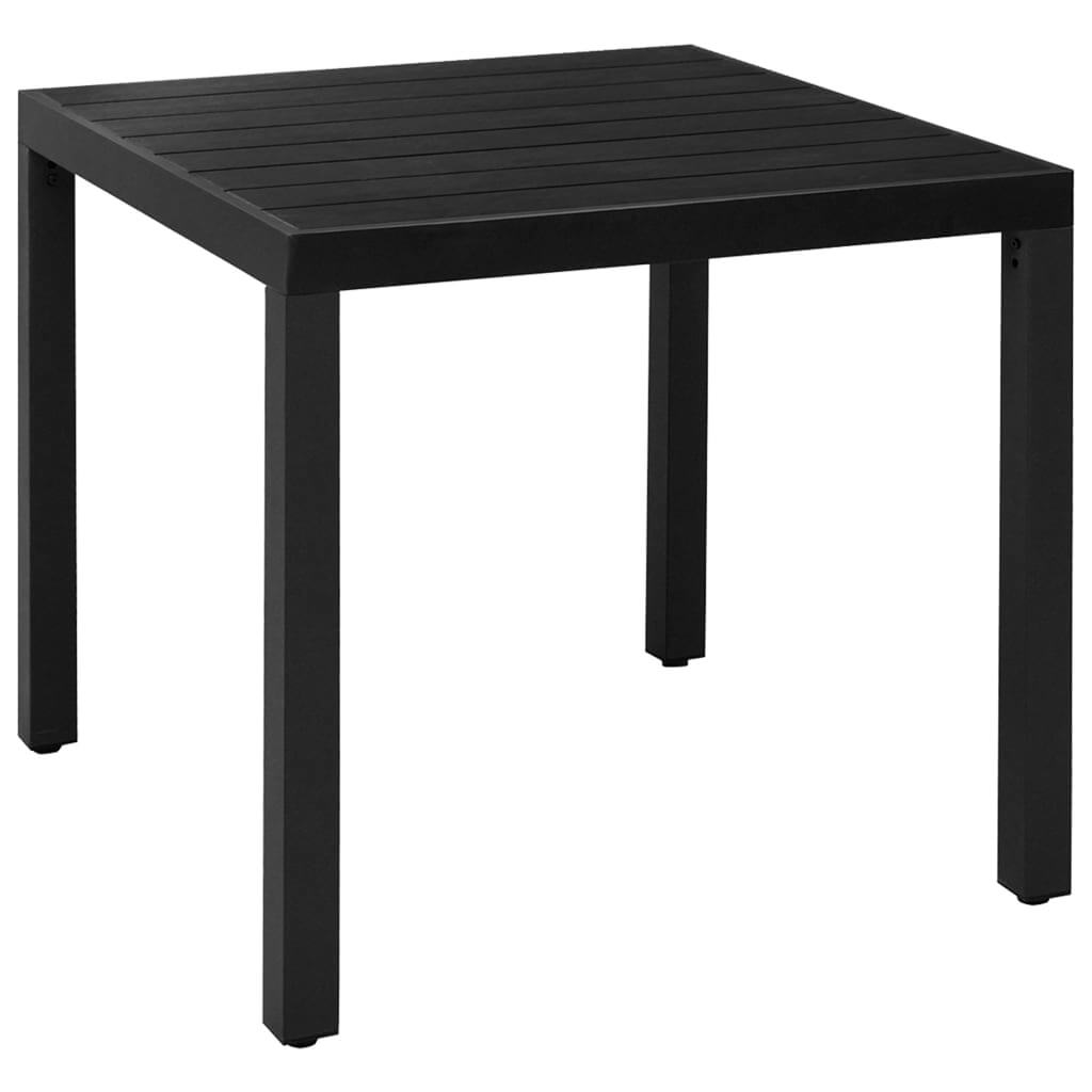 Black square garden table with a slatted top, durable and suitable for outdoor dining. Perfect for patios and terraces.