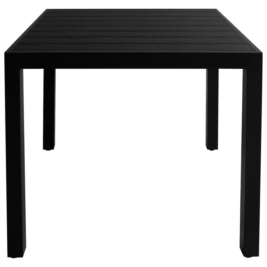 Black outdoor dining table with a slatted WPC tabletop, ideal for garden, patio, or terrace settings.