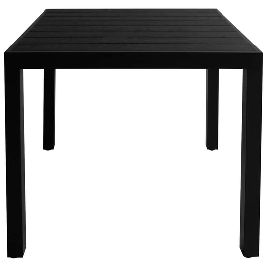 Black outdoor dining table with a slatted WPC tabletop, ideal for garden, patio, or terrace settings.