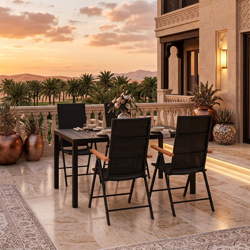  Outdoor garden dining set with brown WPC armrests and table, perfect for patio or balcony furniture in a stylish home setting.