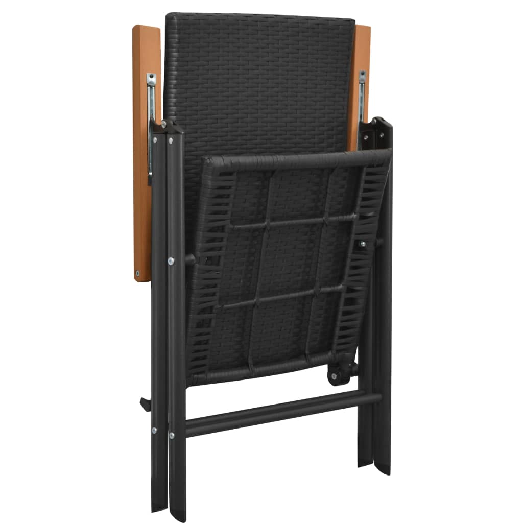 Folded garden chair with black PE rattan and brown WPC armrests, ideal for outdoor storage and space-saving.