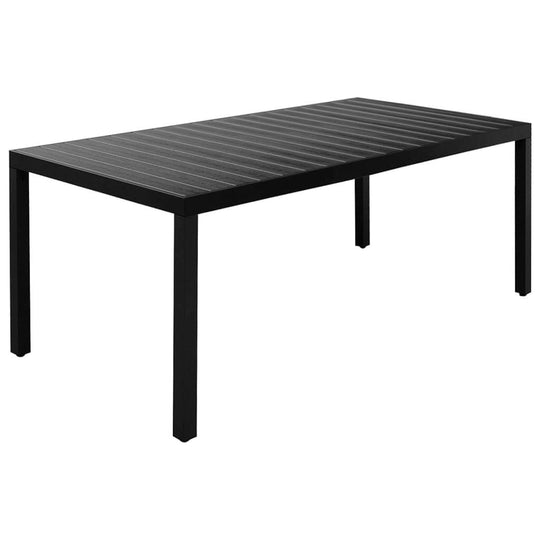 Black outdoor dining table with a slatted WPC top and sturdy aluminium frame, perfect for gardens and patios.