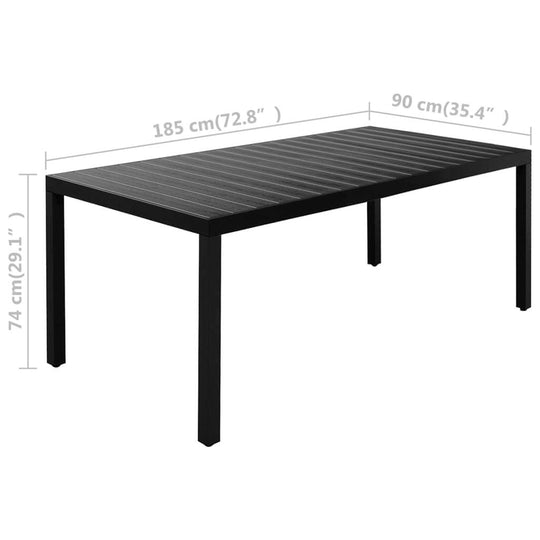 Dimensions of a black garden dining table, measuring 185 cm x 90 cm with a height of 74 cm, suitable for outdoor use.