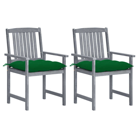 Grey solid acacia wood garden chairs with green cushions, perfect for outdoor furniture and lounge decor. مفروشات, أثاث.