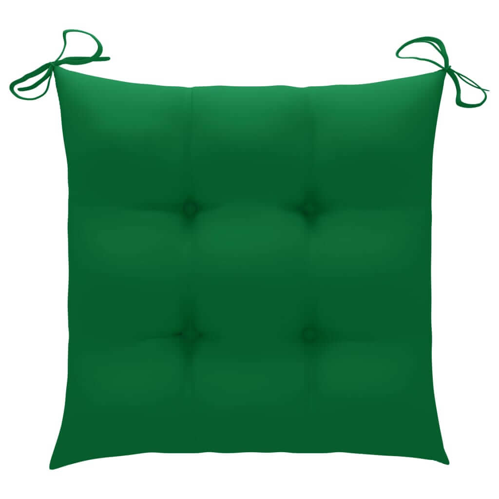 Green outdoor chair cushion with ties for secure attachment, perfect for garden chairs and enhancing comfort.