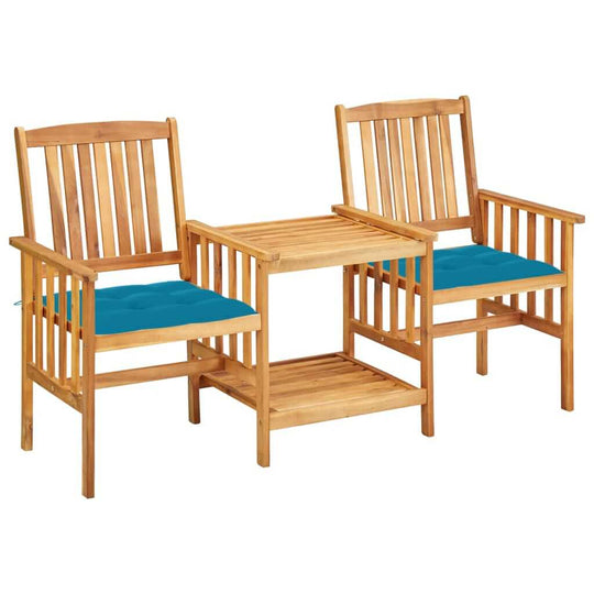 Garden chairs with blue cushions and tea table, crafted from solid acacia wood, perfect for outdoor lounges and patios.