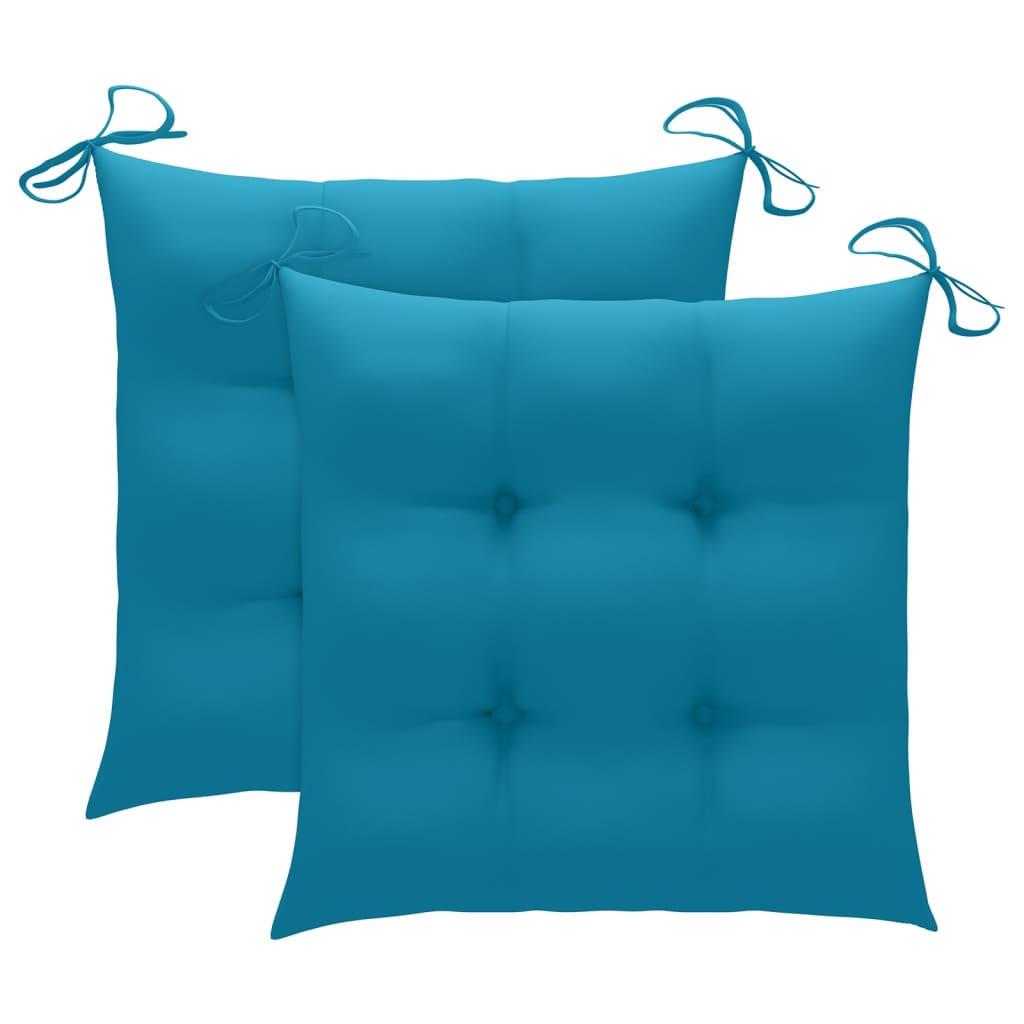 Bright teal outdoor chair cushions with ties, perfect for enhancing comfort in garden furniture.