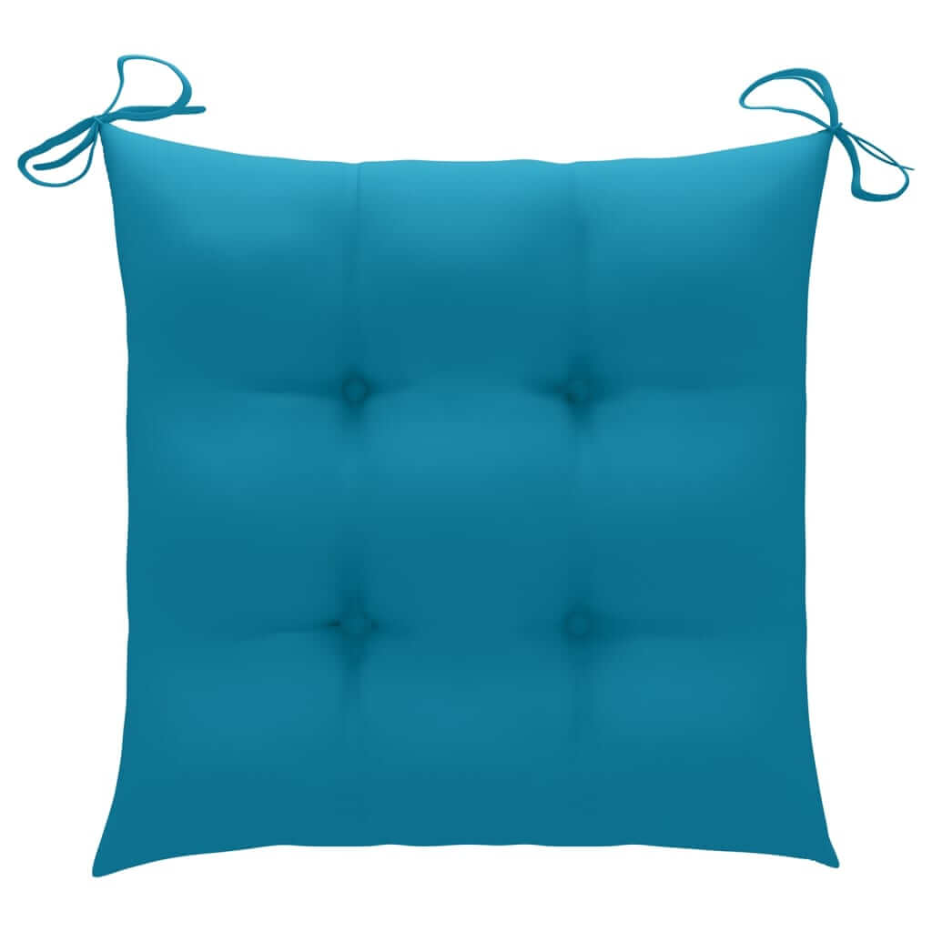 Turquoise cushioned seat pad with ties for outdoor furniture, ideal for garden chairs and added comfort.