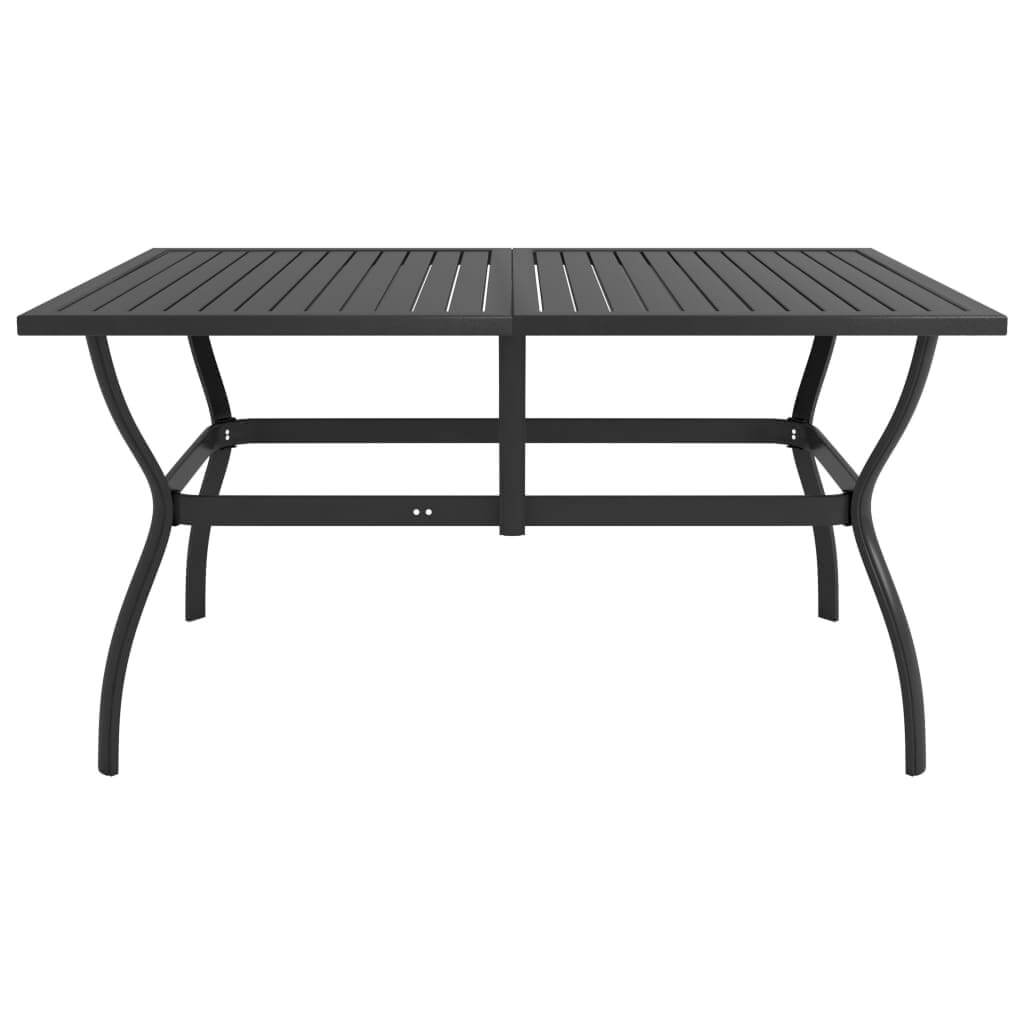 Sturdy outdoor dining table with slatted design and powder-coated steel frame for gardens and patios.