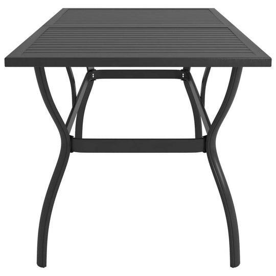 Outdoor dining table with slatted design and sturdy powder-coated steel frame, perfect for garden furniture.