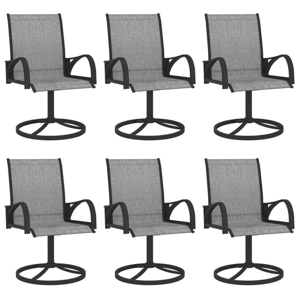 Set of six modern outdoor swivel chairs with breathable textilene fabric and sturdy powder-coated steel frames.