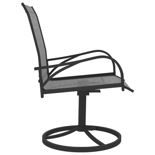 Swivel outdoor dining chair made of powder-coated steel with breathable textilene fabric for comfort and durability.