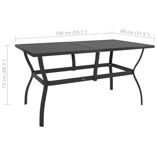 Outdoor dining table with slatted design, made of powder-coated steel, dimensions 140x80x72 cm, durable and sturdy furniture.