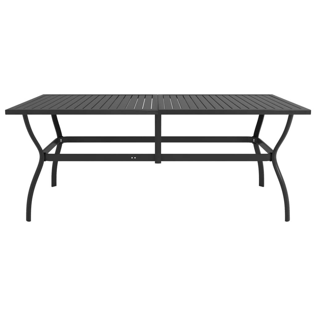 Rectangular garden dining table with slatted design, powder-coated steel construction for outdoor settings.