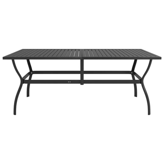 Rectangular garden dining table with slatted design, powder-coated steel construction for outdoor settings.