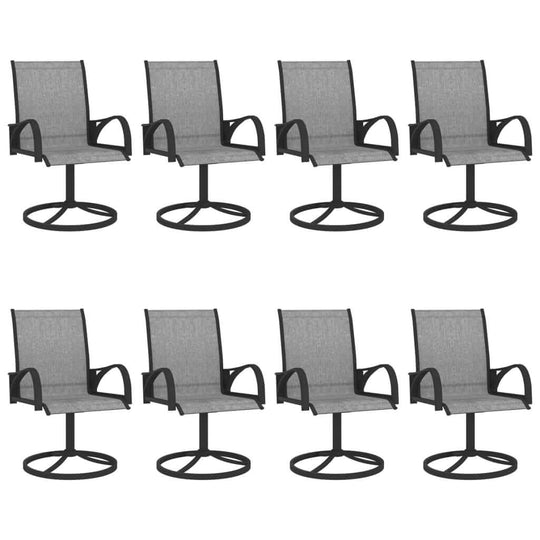 Set of eight outdoor swivel dining chairs with breathable textilene fabric and sturdy powder-coated steel frames.