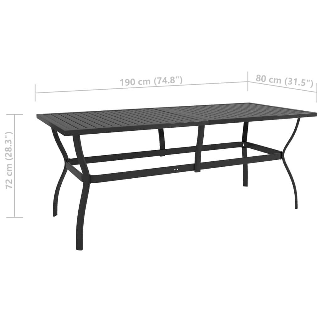 Outdoor dining table with slatted design, powder-coated steel, dimensions 190cm x 80cm x 72cm, perfect for garden furniture.