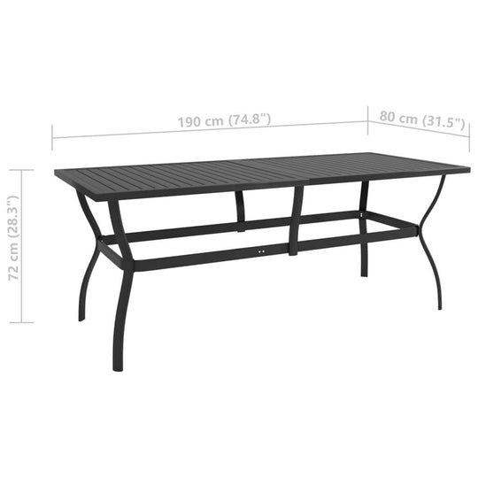 Outdoor dining table with slatted design, powder-coated steel, dimensions 190cm x 80cm x 72cm, perfect for garden furniture.