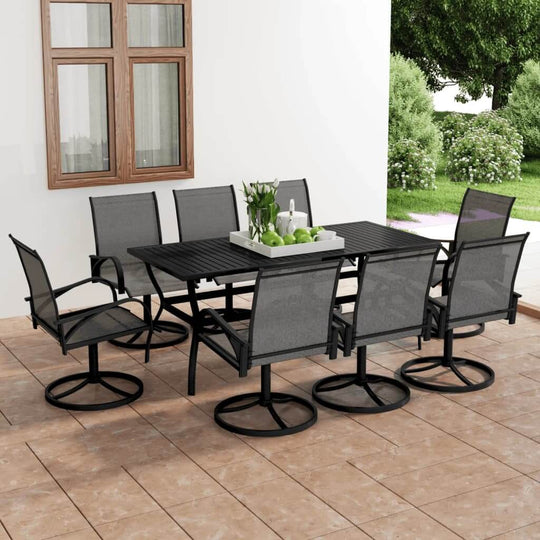 9-piece outdoor garden dining set with swivel chairs and slatted table, perfect for stylish and durable outdoor furniture.