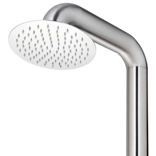 Stainless steel garden shower head with modern design, perfect for outdoor use by swimming pools and living areas.