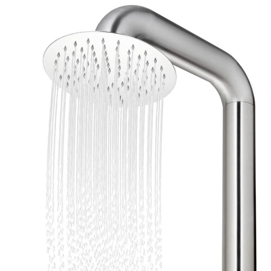 Modern stainless steel garden shower head with flowing water, perfect for outdoor use and poolside relaxation.