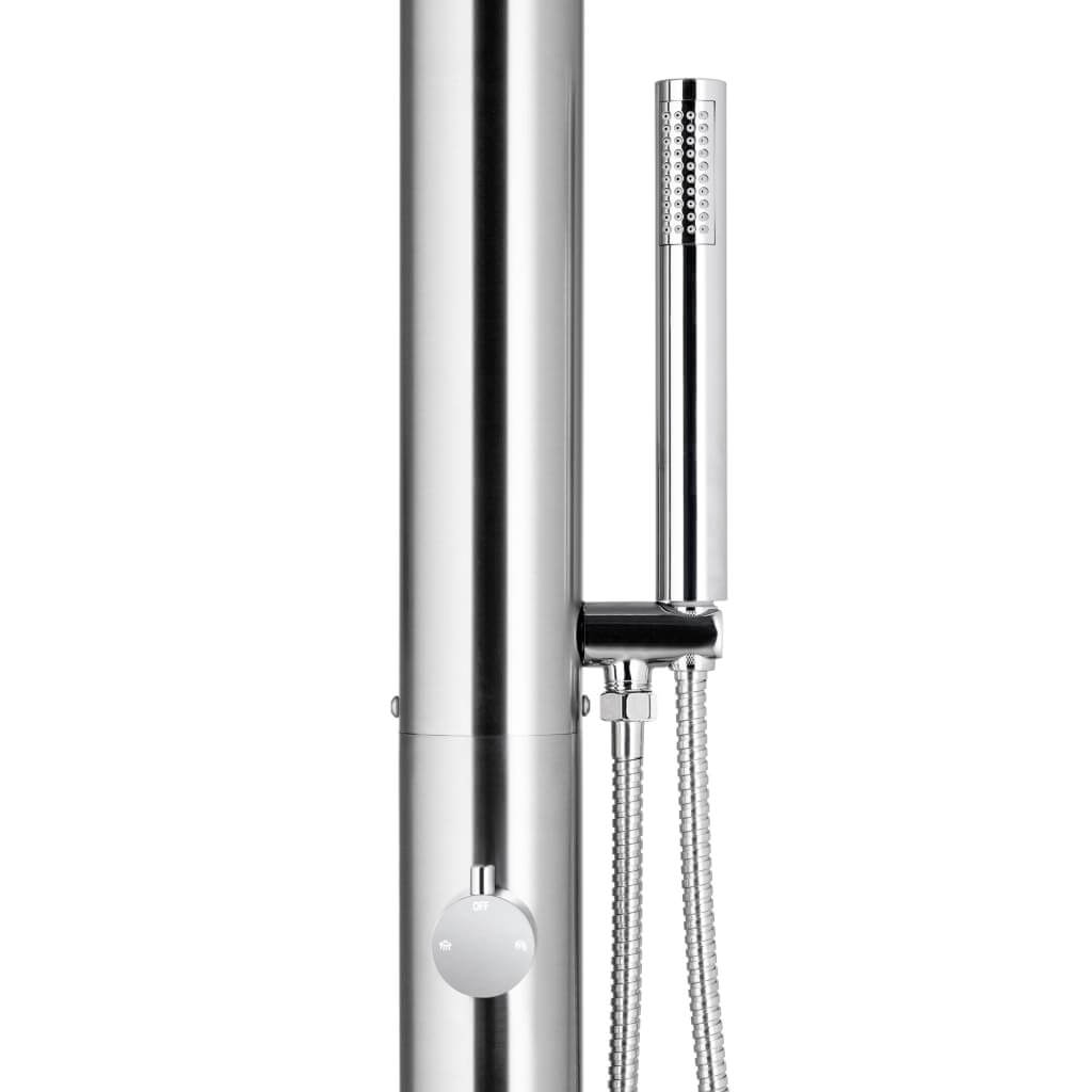 Stainless steel outdoor shower with hand shower and flexible hose, ideal for garden and pool areas.