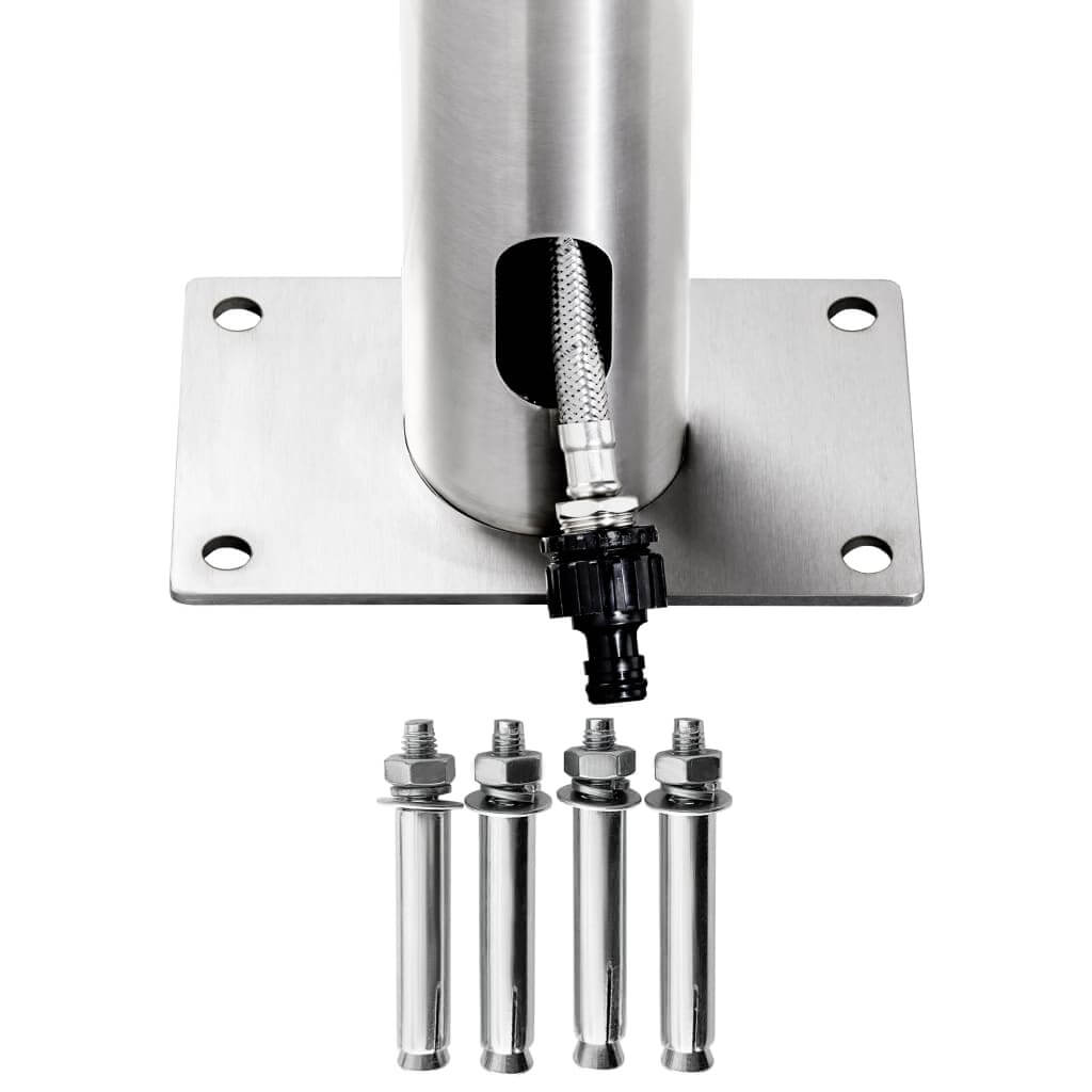 Stainless steel garden shower base with plumbing connector and installation bolts for outdoor use.