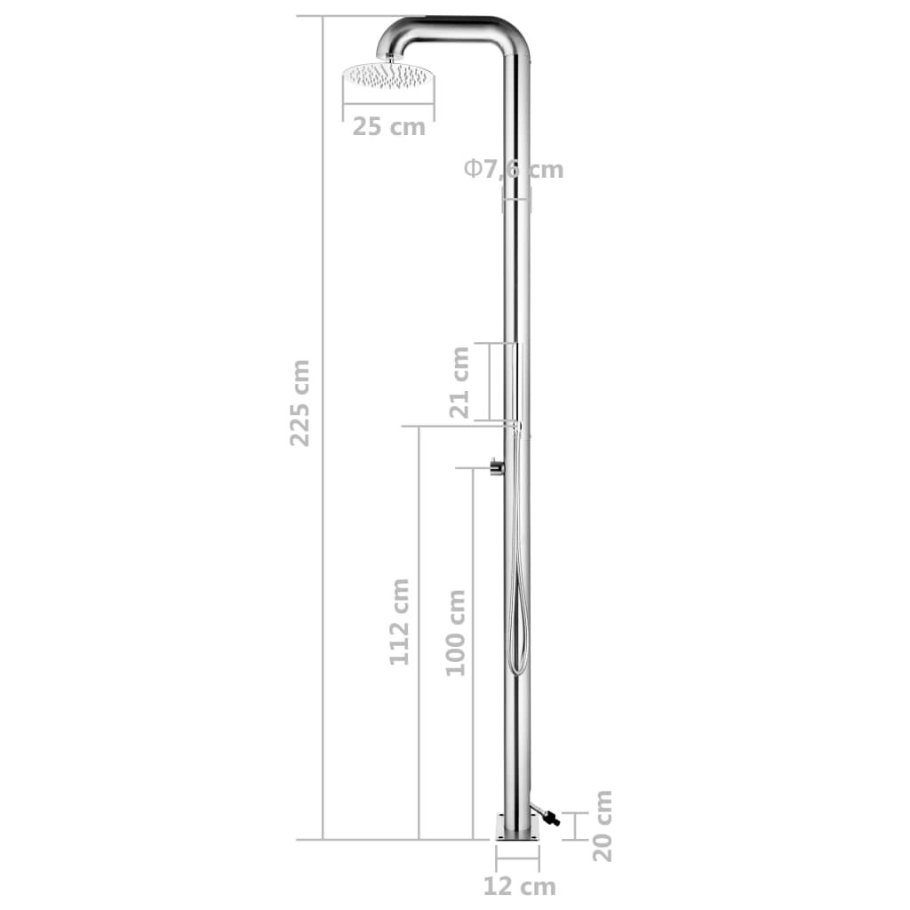 Garden shower dimensions: 225 cm stainless steel design with head and hand shower features for outdoor spaces.