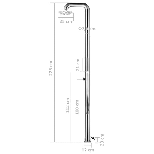 Garden shower dimensions: 225 cm stainless steel design with head and hand shower features for outdoor spaces.