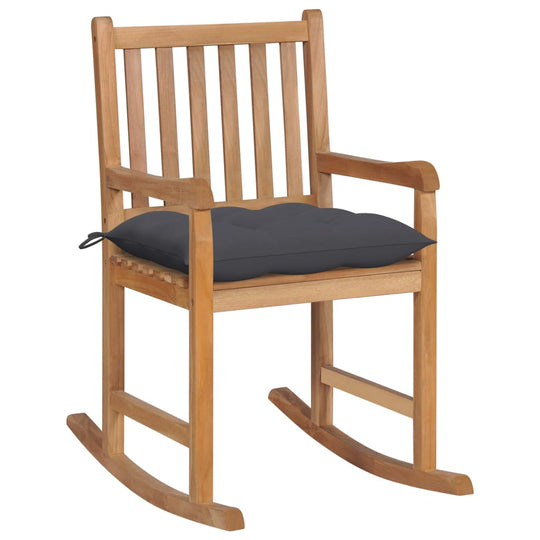 Rocking chair with anthracite cushion made of solid teak wood, perfect for indoor and outdoor relaxation.