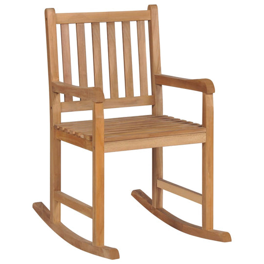 Solid teak wood rocking chair with a slatted design, perfect for indoor or outdoor relaxation.