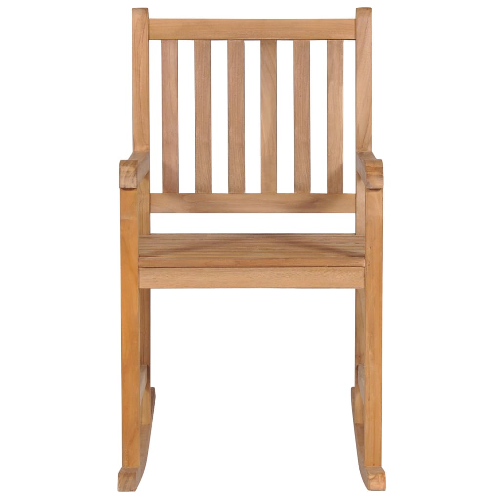 Wooden rocking chair made of solid teak with vertical slats, perfect for indoor and outdoor relaxation.