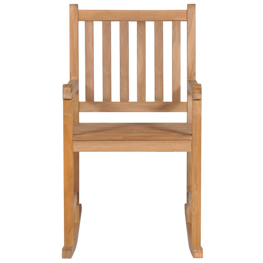 Wooden rocking chair made of solid teak with vertical slats, perfect for indoor and outdoor relaxation.