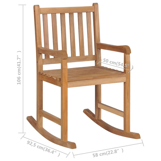 Rocking Chair with Grey Cushion Solid Teak Wood for indoor and outdoor use, showing dimensions and durable teak construction.