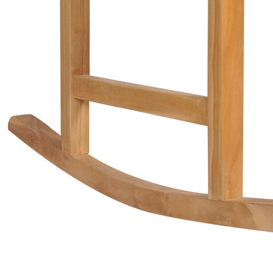 close-up of the wooden rocking chair base, showcasing the smooth teak wood construction and curved rockers.