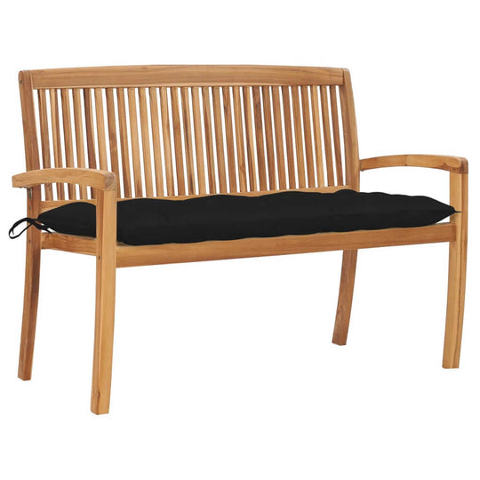 Stacking garden bench made of solid teak wood with a black cushion, perfect for outdoor spaces like gardens and patios.