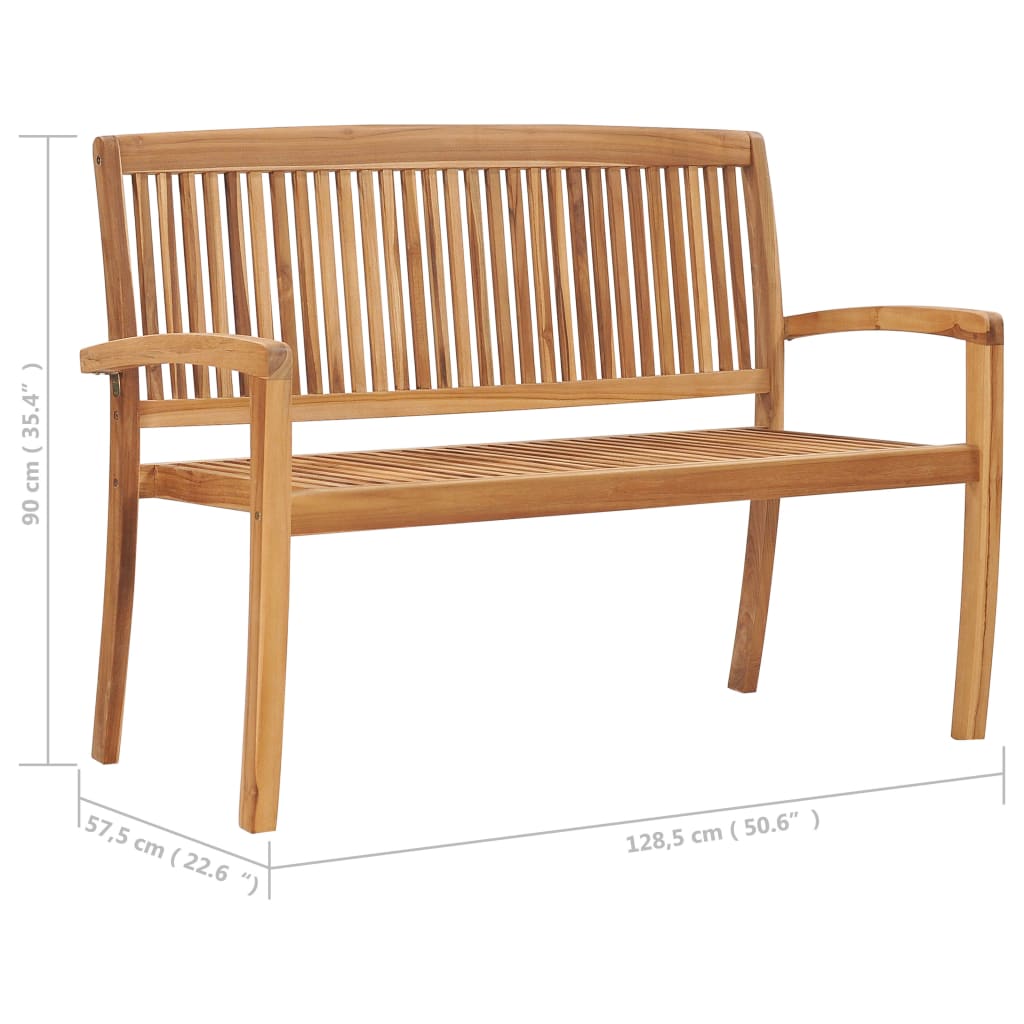 Stacking garden bench with cushion, 128.5 cm solid teak wood, designed for outdoor use, featuring slatted back and armrests.