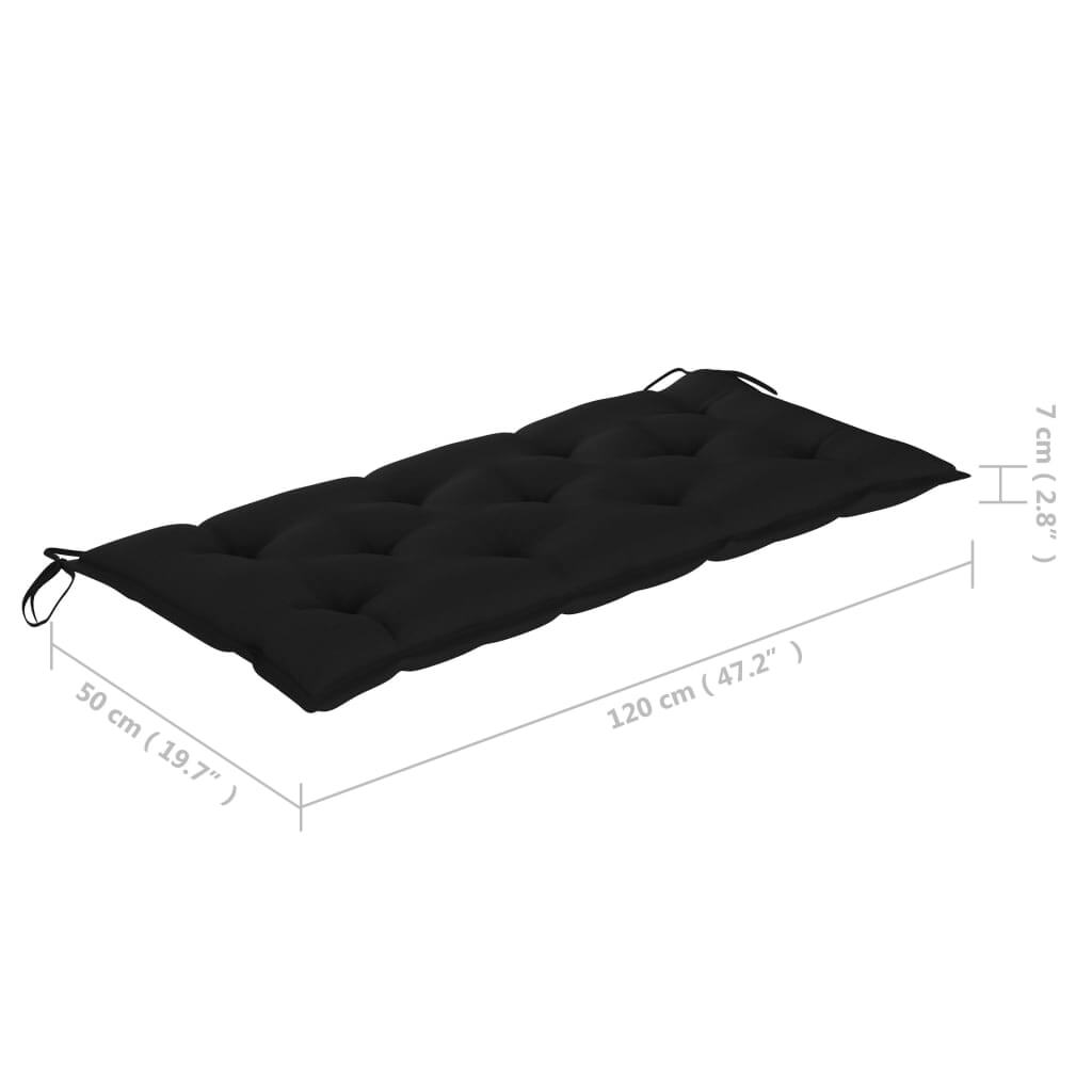 Black cushion for garden bench, 120 cm x 50 cm x 7 cm, designed for comfort and outdoor use.