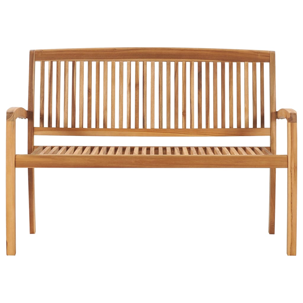 Stacking garden bench with cushion, 128.5 cm solid teak wood, featuring slatted design for outdoor use.